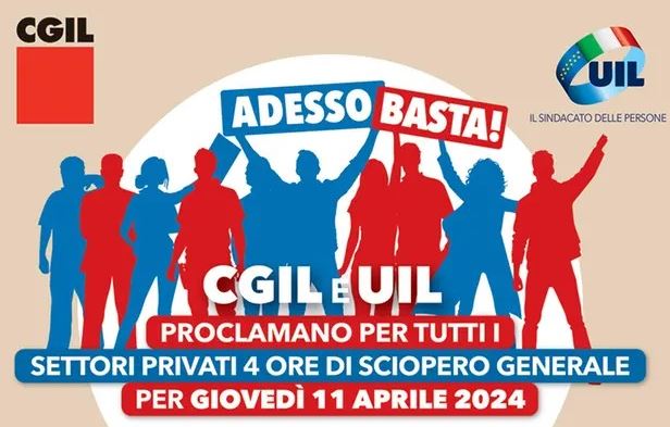 Cartel de movilización de sindicatos italianos para el jueves, 11 de abrill