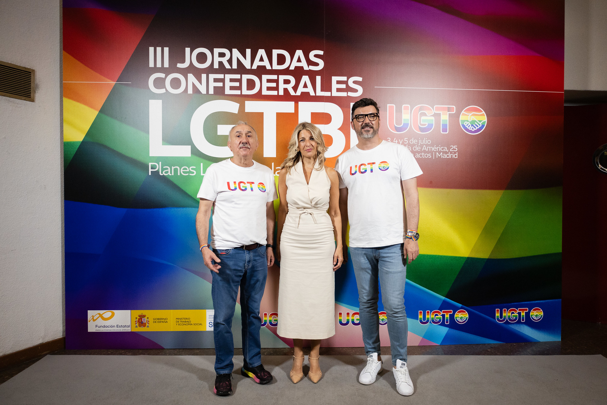 Pepe Álvarez, secretario general de UGT; Yolanda Díaz, Vicepresidenta segunda y ministra de Trabajo y Economía social del Gobierno de España y Toño Abad, responsable confederal de Acción LGTBI de UGT