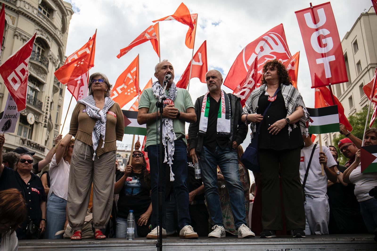 Madrid. Paloma López Bermejo, secretaria general de CCOO de Madrid; Pepe Álvarez, secretario general de UGT; Unai Sordo, secretario general de CCOO y Susana Huertas, secretaria general de UGT Madrid